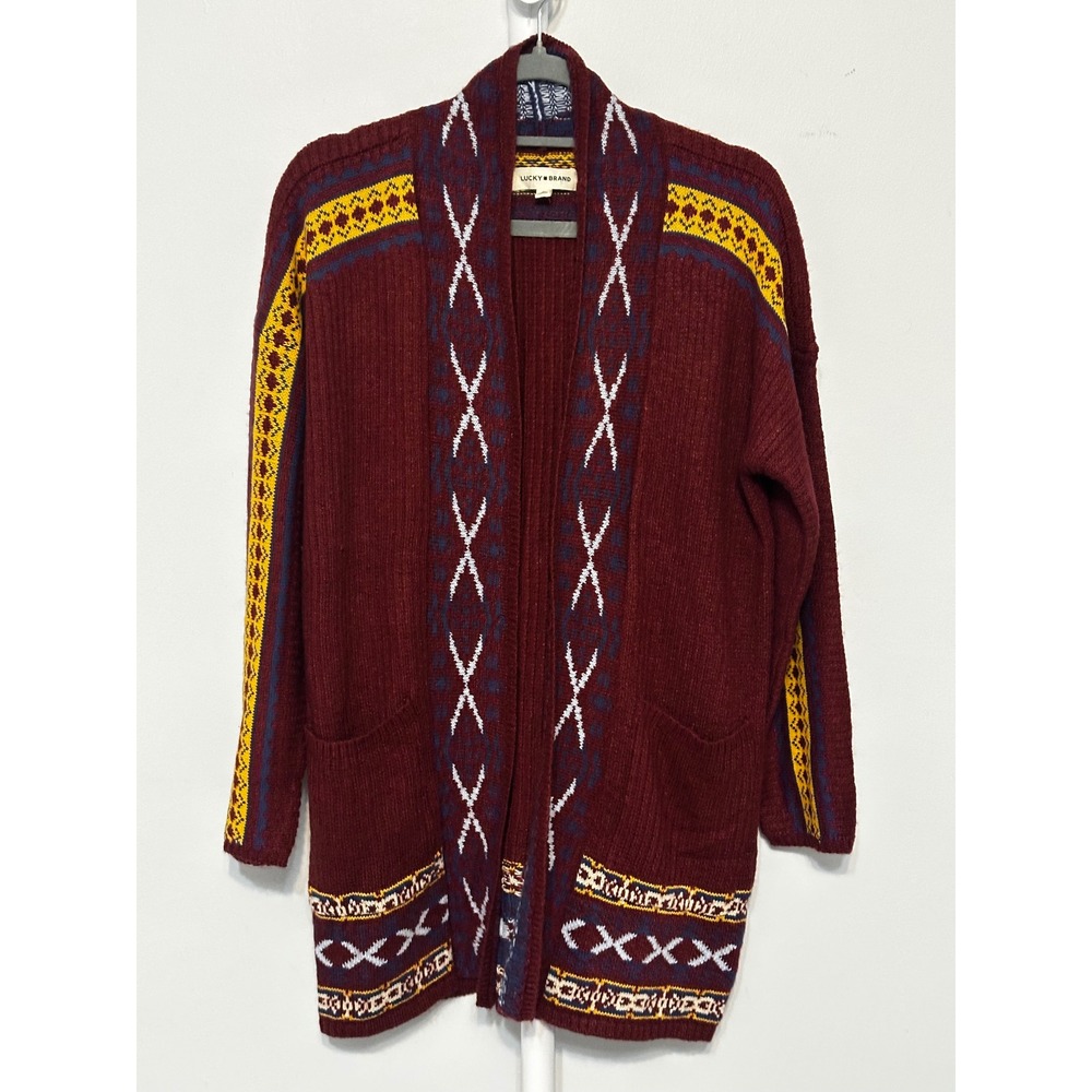 Lucky Brand Women Burgundy Southwestern Geometric Open Front Cardigan Sweater M